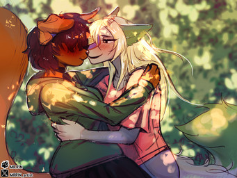 anthro big_tail black_bottomwear black_clothing black_collar black_nose black_skirt blonde_hair blue_bottomwear blue_clothing blue_jeans blue_pants blush bottomwear brown_ears brown_hair brown_tail clothing collar denim denim_bottomwear denim_clothing dipstick_tail female fur fur_markings green_clothing green_ears green_hoodie green_tail_tip green_topwear grey_tail hair hoodie hug jeans light markings nature nature_background pants purple_inner_ear red_clothing red_shirt red_topwear romantic romantic_couple shirt skirt squirrel_tail sunlight tail tail_markings topwear mr.r1n ashley_beau nanaki_azakee border_collie canid canine canis collie domestic_dog herding_dog hybrid mammal pastoral_dog rodent sciurid sheepdog tree_squirrel wolf 4:3 absurd_res hi_res trans_(lore) trans_woman_(lore)