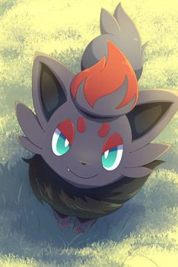 ambiguous_feral ambiguous_gender black_body black_fur black_inner_ear black_nose cheek_tuft closed_smile day eyebrows facial_tuft fangs feral fur grass grey_body grey_ears grey_fur grey_tail half-closed_eyes head_tuft high-angle_view light looking_at_viewer looking_up looking_up_at_viewer mouth_closed multicolored_body multicolored_fur narrowed_eyes outside plant pointy_ears prick_ears pupils quadruped red_body red_eyebrows red_eyelids red_fur ruff slit_pupils smile smiling_at_viewer solo standing tail teal_eyes teeth tuft white_pupils rumine nintendo pokemon canid canine generation_5_pokemon mammal pokemon_(species) zorua 2025 2:3 hi_res lighting shaded