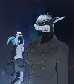 anthro big_breasts breasts clothed clothing duo female hair machine male open_mouth raining tongue tongue_out topwear kabarga yummy_rain_(meme) android aquatic fish mammal robot scalie shark synth_(vader-san) absurd_res digital_media_(artwork) hi_res meme