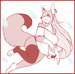 anthro biped blue_eyes border breasts dipstick_tail ear_piercing ear_tag female floating hair long_hair looking_at_viewer markings piercing red_border simple_background smile smiling_at_viewer solo stitch_(sewing) tail tail_markings white_background iriedono canid canine fox ghost mammal spirit 2023 digital_media_(artwork) hi_res