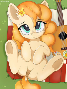accessory acoustic_guitar animal_genitalia animal_vulva anus dock_(anatomy) equine_genitalia equine_vulva female feral flower flower_in_hair freckles genitals guitar hair hair_accessory hooves looking_at_viewer lying musical_instrument on_back paws plant plucked_string_instrument raised_paw smile solo string_instrument tail underhoof vulva young young_female young_feral negasun friendship_is_magic hasbro my_little_pony pear_butter_(mlp) earth_pony equid equine horse mammal pony 2018 digital_media_(artwork) hi_res