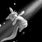 ambiguous_gender anthro bottomwear clothed clothing ears_back floating fluffy horizontal_pupils light long_tail medium_hair oversized_clothing pants partially_clothed pivoted_ears pupils smug_face solo spread_arms tail whiskers yellow_eyes maiconsandey made_in_abyss nanachi humanoid lagomorph leporid mammal rabbit absurd_res hi_res restricted_palette