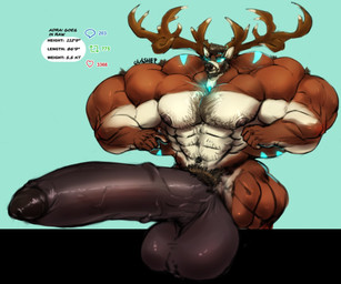 5_fingers abs anthro antlers balls beard big_balls big_muscles big_penis biped body_hair brown_balls brown_beard brown_facial_hair brown_hair brown_nipples brown_penis brown_pubes chest_hair erection facial_hair fingers foreskin fur genitals glowing glowing_eyes glowing_markings growth_drive hair horn huge_balls huge_muscles huge_penis humanoid_genitalia humanoid_hands humanoid_penis hyper hyper_balls hyper_genitalia hyper_muscles hyper_penis imperial_unit male male_anthro markings measurements muscular muscular_anthro muscular_male navel nipples nude nude_anthro nude_male pecs penis pubes retracted_foreskin simple_background solo stated_height stated_weight text vein veiny_penis oldshep sam_(oldshep) deer mammal 2018 english_text signature