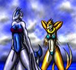 anthro bikini black_nose blue_body blue_eyes breasts clothed clothing duo female fur looking_at_viewer orange_body orange_fur outside skimpy sky spread_legs spreading swimwear tail two-piece_swimsuit water white_body white_fur snowfyre nintendo pokemon avian buizel generation_2_pokemon generation_4_pokemon legendary_pokemon lugia mammal mustelid pokemon_(species) 2009