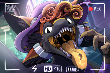 3_fingers 4_ears anthro black_arms black_body black_feathers black_inner_ear black_sclera bodily_fluids camera_overlay clothing duo ear_bands fangs feather_hair feathered_wings feathers female fingers gaping_mouth gold_flesh gold_insides gold_tongue gold_uvula hair hat headgear headwear larger_anthro larger_clothed larger_female looking_at_viewer lying male mechanical_arm metal_ear_bands micro_anthro micro_male micro_on_tongue mouth_shot multi_ear nude_micro on_front open_mouth orange_body orange_ears orange_feathers orange_hair poofy_hair pseudo_hair pupils purple_clothing purple_hat purple_headwear recording recording_video red_body red_feathers saliva saliva_on_tongue sharp_teeth size_difference slit_pupils smaller_anthro smaller_male smaller_nude teeth tongue uvula white_body white_eyes white_feathers winged_arms wings yellow_body yellow_feathers yellow_flesh yellow_insides yellow_tongue yellow_uvula hungrydevilgoat kayu_(wyldfyrteam) straii_(onzia_synvix) avali avian 3:2 absurd_res hi_res female_(lore) male_(lore)