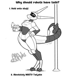 antennae_(anatomy) anthro beverage claws drinking_straw female horn machine oil oil_can pole prehensile_tail screen screen_face solo stripper_pole tail text thick_thighs ara_squawks jane_(ara_squawks) robot robot_anthro scalie absurd_res black_and_white english_text hi_res monochrome