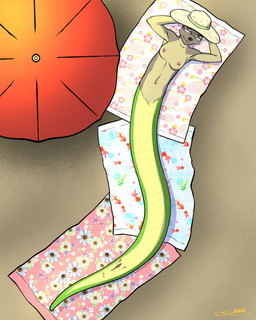 animal_genitalia anthro apode breasts brown_body brown_fur cloaca clothing eyewear female fur genitals glasses green_body green_skin hat headgear headwear high-angle_view legless navel nipples public public_nudity serpentine solo tan_body tan_fur towel umbrella vulva shane_nelson chloe_(tenpoundhammer) draconcopode herpestid hybrid mammal mongoose naga reptile scalie snake hi_res
