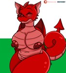 anthro breasts female happy horn navel nipples non-mammal_nipples red_body red_horn red_nipples slightly_chubby slightly_chubby_anthro slightly_chubby_female solo tail wings theinspiredsphynx mythology dragon mythological_creature mythological_scalie scalie hi_res