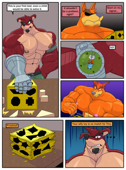 abs anthro barazoku beard biceps big_muscles big_pecs black_hair bodily_fluids bottomwear brown_hair clothed clothing cybernetic_arm cybernetic_limb deltoids dialogue duo eyebrows facial_hair fangs fur green_eyes hair loincloth male manly muscular muscular_anthro muscular_arms muscular_male nipples orange_body orange_fur pants pecs red_body red_eyes red_fur sharp_teeth sorting_cube sweat tan_body tan_fur teeth text thick_eyebrows topless triceps yellow_sclera okrizo831 activision crash_bandicoot_(series) crunch_bandicoot tiny_tiger bandicoot dasyuromorph mammal marsupial recently_extinct_species thylacine 2025 absurd_res comic english_text hi_res