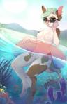 anthro areola breasts ear_piercing eyewear eyewear_only female genitals horn looking_at_viewer nipples nude outside piercing pussy skinny_dipping small_breasts smile solo sunglasses sunglasses_only tongue tongue_out andreia-chan canid canine mammal hi_res