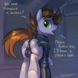 alternate_universe anus balls brown_mane brown_tail butt clothed clothed_feral clothing crossgender cutie_mark dialogue dock_(anatomy) equine_anus feral fur genitals green_eyes grey_body grey_fur horn inside looking_at_viewer looking_back male mane open_mouth perineum pip-boy puffy_anus raised_tail solo tail talking_to_viewer text vault_suit walking jedayskayvoker fallout fallout_equestria hasbro microsoft my_little_pony mythology fan_character littlepip equid equine mammal mythological_creature mythological_equine unicorn 1:1 2020 absurd_res english_text hi_res signature