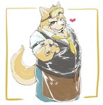 anthro apron clothing eyewear facial_hair fur goggles heart_symbol male mustache necktie short_stack slightly_chubby solo topwear vest yellow_body yellow_fur exe_exem lifewonders live_a_hero procy canid canine canis domestic_dog mammal digital_media_(artwork)