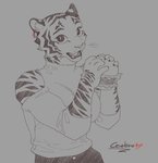 anthro burger cutout ear_piercing eating fangs female food fur halterneck piercing shoulder_cutout solo striped_body striped_fur stripes teeth cerebropodrido esmeralda_(cerebro) felid mammal pantherine tiger 2021 greyscale hi_res monochrome