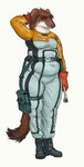 anthro boots brown_body brown_fur clothed clothing eyes_closed female footwear fur gloves hand_behind_head handwear holding_object holding_tool pouches science_fiction shoes simple_background slightly_chubby slightly_chubby_anthro slightly_chubby_female smile solo spacesuit standing tools white_background white_body white_fur wrench cettus mammal mustelid musteline stoat true_musteline weasel 2020 hi_res