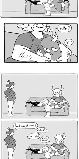 arm_hair belly body_hair boots bottomwear breasts butt clothing controller cuddling dialogue face_on_belly female footwear furniture game_controller gaming group hair hair_over_eyes happy head_on_belly headpat heart_symbol high_heels holding_controller holding_game_controller holding_object horn hug hugging_another inside leg_hair love lying lying_on_another lying_on_sofa male male/female moobs on_sofa overweight overweight_humanoid overweight_male platform_footwear platform_heels resting shirt shoes shorts simple_background sitting sitting_on_sofa sofa speech_bubble talking_to_another text topwear trio weight_difference heavyheavycream honey_(heavyheavycream) oat_(heavyheavycream) strawb_(heavyheavycream) horned_humanoid humanoid mammal absurd_res comic english_text greyscale hi_res long_image monochrome signature tall_image