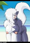 2014 all_fours anthro areola beach bedroom_eyes big_breasts big_hair big_tail black_bars blush breasts casual_nudity chess_(endernia) detailed_background droll3 erect_nipples eyebrows eyelashes eyeshadow female fluffy fluffy_tail fur grey_body grey_fur hair hair_over_eye half-closed_eyes hanging_breasts hi_res leaning leaning_forward letterbox long_hair long_tail looking_at_viewer makeup mammal mephitid multicolored_body multicolored_fur narrowed_eyes nipples nude nude_beach one_eye_obstructed open_mouth open_smile outdoor_nudity outside pink_areola pink_nipples pink_nose pink_tongue sand seaside seductive skunk sky smile solo tail tongue two_tone_body two_tone_fur water white_body white_fur white_hair