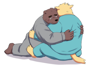 anthro bodily_fluids bottomwear brown_body clothing crying duo hug humanoid_hands kemono male overweight overweight_male pants sad shirt tears topwear kick_(artist) bear canid canine canis domestic_dog mammal 2023 hi_res