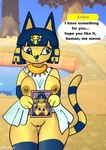 accessory anthro breasts clothing dialogue egyptian egyptian_clothing female floating_heart forest forest_background genitals heart_nose heart_symbol meow nature nature_background plant pussy shy solo speech_bubble talking_to_viewer text tree anykoe animal_crossing nintendo ankha_(animal_crossing) felid feline mammal absurd_res hi_res picture_in_picture signature