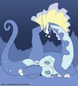 anus aroused aroused_smile big_teats blue_body blue_eyes bodily_fluids breath claws crotch_breasts female feral finger_claws genital_fluids genitals lactating milk nipples panting solo spread_legs spreading teats text toe_claws tongue tongue_out vaginal_fluids vulva fuf nintendo pokemon aurorus fossil_pokemon generation_6_pokemon pokemon_(species) hi_res url