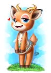 anthro blue_eyes blush bottomless clothed clothing covering covering_crotch covering_self hoof_hands male open_mouth open_smile semi-anthro simple_background smile solo standing tan_body choreuny animal_crossing nintendo beau_(animal_crossing) antelope bovid mammal hi_res