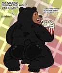 anthro balls bodily_fluids butt clothing food genitals holding_food holding_object kneeling looking_back male rear_view smile solo sweat text tight_clothing sebboh cartoon_network we_bare_bears grizzly_(we_bare_bears) english_text