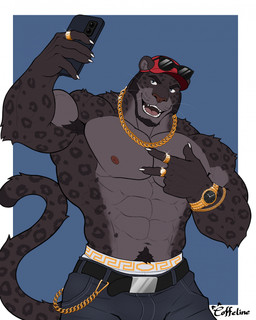 abs anthro armpit_hair bio_in_description black_body black_fur body_hair cellphone clothing digit_ring electronics eyewear eyewear_on_head fangs finger_ring fur gold_(metal) gold_jewelry gold_necklace hat headgear headwear jewelry male markings muscular muscular_anthro muscular_male navel necklace nipples open_mouth open_smile phone smartphone smile solo spots spotted_body spotted_fur sunglasses sunglasses_on_head teeth wearing_sunglasses coffeline jason_jones felid mammal pantherine hi_res