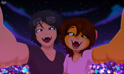 anthro black_hair blurred_background brown_hair city city_background city_lights clothed clothing detailed_background duo eyewear fangs female fur glasses green_eyes grey_eyes hair male night orange_body orange_fur selfie star teeth young young_anthro piporete jin_yorushika keiko_sakmat felid feline human lion mammal pantherine 5:3 absurd_res digital_drawing_(artwork) digital_media_(artwork) digital_painting_(artwork) hi_res painting_(artwork) signature