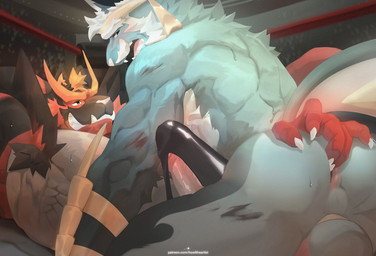 anal anal_fingering anthro anus armpit_hair balls beard blush bodily_fluids body_hair bulge clothing duo erection facial_hair fighting_ring fingering genitals humanoid_genitalia humanoid_penis looking_at_another lying male male/male muscular muscular_anthro muscular_male mustache on_back open_mouth penis raised_arm sweat tenting underwear howltheartist nintendo pokemon generation_5_pokemon generation_7_pokemon incineroar pokemon_(species) samurott 2025 hi_res