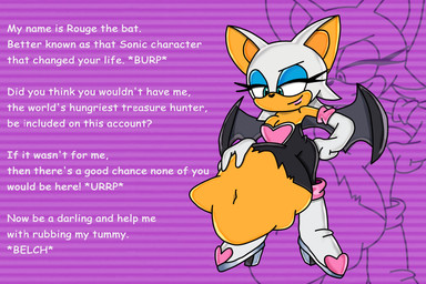 abdominal_bulge ambiguous_gender ambiguous_prey anthro black_bodysuit black_clothing black_skinsuit blue_eyes bodysuit boots clothed clothing dialogue female female_pred footwear fur gloves hand_on_belly hand_on_hip handwear looking_at_belly narrowed_eyes purple_background same_size_vore shoes simple_background skinsuit solo text tight_clothing torn_clothing unwilling_prey vore white_body white_boots white_clothing white_footwear white_fur white_gloves white_handwear clairecafe2 sega sonic_the_hedgehog_(series) rouge_the_bat bat mammal 2021 3:2 absurd_res colored english_text hi_res