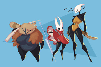antennae_(anatomy) big_breasts black_body breasts cloak clothing facial_scar female group jewelry necklace red_cloak red_clothing scar simple_background thick_thighs trio weapon captain_molasses hollow_knight:_silksong hollow_knight_(franchise) team_cherry hornet_(hollow_knight) shakra_(hollow_knight:_silksong) vog_(hollow_knight:_silksong) arthropod flea_(hollow_knight:_silksong) humanoid insect absurd_res hi_res