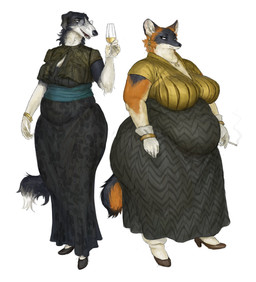 alcohol anthro belly beverage bracelet champagne champagne_glass cigarette clothing container cup dress drinking_glass duo ear_piercing eyewear female footwear glass glass_container glass_cup glasses gloves handwear high_heels holding_object jewelry necklace obese obese_anthro obese_female overweight overweight_anthro overweight_female piercing shoes standing cettus ilona_spruyterveldt klara_morozova borzoi canid canine canis domestic_dog fox hunting_dog mammal sighthound 2022 hi_res