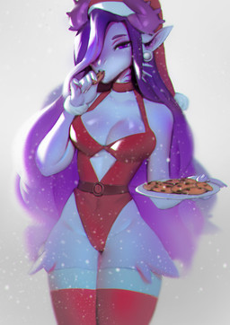 camel_toe christmas_clothing christmas_headwear clothed clothing cookie ear_piercing eating female food front_view gauged_ear glistening glistening_eyes hair hair_over_eye hat headgear headwear holding_object holding_plate holidays horn legwear light_body long_hair looking_at_viewer narrowed_eyes one_eye_obstructed piercing plate purple_eyes purple_hair purple_horn red_clothing red_hat red_headwear red_legwear santa_hat simple_background solo standing unsigned white_background shermugi christmas humanoid 2020 hi_res portrait three-quarter_portrait