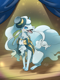 3_toes accessory ambiguous_gender big_tail black_nose blue_curtains blue_eyes clothing feet feral fur hat headgear headwear holowear_(pokemon) looking_at_viewer open_mouth pointy_ears prick_ears quadruped shadow sitting slight_blush solo stage stage_lights tail toes top_hat white_body white_fur hakkentai_pkdn nintendo pokemon pokemon_unite tuxedo_style_alolan_ninetales alolan_form alolan_ninetales generation_7_pokemon pokemon_(species) regional_form_(pokemon) 3:4 colored digital_media_(artwork) digital_painting_(artwork) hi_res painting_(artwork) signature
