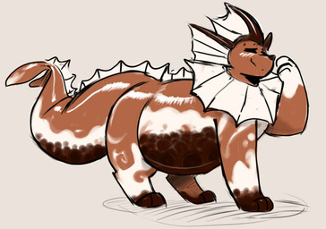 ambiguous_gender belly big_belly blush blush_lines brown_body brown_tail feral raised_arm side_view simple_background smile solo standing tail thick_tail thick_thighs white_background raster_dreams nintendo pokemon eeveelution generation_1_pokemon pokemon_(species) vaporeon 2026 digital_drawing_(artwork) digital_media_(artwork) hi_res