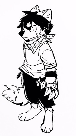 anthro bottomwear clothed clothing dipstick_tail ears_back fluffy fluffy_tail gloves hair handwear kerchief male markings messy_hair mouth_closed narrowed_eyes neckerchief neckwear pants pivoted_ears shirt short_hair simple_background simple_eyes solo standing t-shirt tail tail_markings three-quarter_view topwear unsigned asnnonaka luptas_(asnnonaka) canid mammal black_and_white full-length_portrait hi_res monochrome portrait