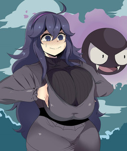 ambiguous_gender big_breasts blush breast_squish breasts cleavage clothed clothing curvy_figure dress duo female huge_breasts human_focus long_sleeves nervous not_furry pressing_breasts_together solo_focus spiral spiral_eyes squish voluptuous white_body white_skin cuteakita nintendo pokemon hex_maniac gastly generation_1_pokemon ghost human mammal pokemon_(species) sphere_creature spirit hi_res