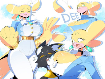 anthro beak belt big_breasts black_body black_fur blonde_hair blue_clothing blue_suit_jacket blue_sweater blue_topwear blush bottomwear bracelet breasts button_(fastener) choker cleavage cleavage_cutout clothed clothing collared_shirt countershade_face countershading cutout dress_shirt duo ear_piercing emanata eyes_closed feather_hands feathers female fur hair huge_breasts jewelry multiple_poses neck_jewelry necklace non-mammal_breasts pants piercing pose shirt suit_jacket sweater tail tail_feathers teal_eyes text thick_thighs topwear white_bottomwear white_clothing white_dress_shirt white_pants wide_hips yellow_body yellow_feathers yellow_sclera muart242 bacardi_(muart242) dee_(doodledox) avian bird canary domestic_cat felid feline felis finch mammal oscine passerine 2023 4:3 character_name hi_res