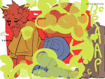 all_fours anthro bent_over bodily_fluids bottomwear clothing denim denim_bottomwear denim_clothing dialogue dot_eyes fan_(object) fart fart_cloud fart_fetish female footwear fur geometric_background heat_(temperature) jeans kneeling one_eye_closed onomatopoeia pants pointy_ears prick_ears red_body red_fur shirt shoes simple_background simple_eyes solo sound_effects sweat tail talking_to_viewer text tongue tongue_out topwear yellow_clothing yellow_shirt yellow_topwear taintedcan canid canine mammal 2026 absurd_res artist_name digital_drawing_(artwork) digital_media_(artwork) english_text hi_res