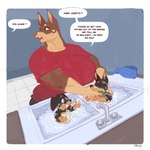 2022 anthro baby bathing big_breasts blue_eyes breasts brown_eyes bubble canid canine canis clothing daniel_porter_jr. daughter_(lore) dialogue digital_media_(artwork) dobermann domestic_dog domestic_scene english_text female gloves_(marking) good_parenting group hi_res huge_breasts kitchen kitchen_sink mammal markings mother_(lore) mother_and_child_(lore) mother_and_daughter_(lore) muscular muscular_female offscreen_character parent_(lore) parent_and_child_(lore) parent_and_daughter_(lore) pinscher playing roly rosemary_porter samantha_porter shirt sibling_(lore) sink sister_(lore) sisters_(lore) slice_of_life smile speech_bubble splash t-shirt text topwear towel tracy_porter trio twins_(lore) wash_rag wet wet_clothing young