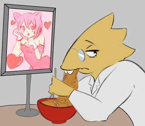 anthro bowl buckteeth chopsticks clothing coat container dress eating electronics eyewear female food furniture glasses gloves handwear heart_symbol holding_chopsticks holding_object lab_coat looking_away looking_back monitor noodles open_mouth photo ramen scales screen side_view solo table teeth topwear wavy_mouth yellow_body yellow_scales shookwook undertale undertale_(series) alphys animal_humanoid cat_humanoid felid felid_humanoid feline feline_humanoid humanoid lizard mammal mammal_humanoid reptile scalie multiple_images