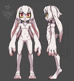 anthro big_hands breasts chest_tuft claws featureless_breasts featureless_crotch female flat_chested floppy_ears fur hair lop_ears navel nude red_eyes small_breasts solo tail tuft white_body white_fur white_hair polygoncherub clover_(polygoncherub) lagomorph leporid mammal rabbit robot_anthro hi_res model_sheet