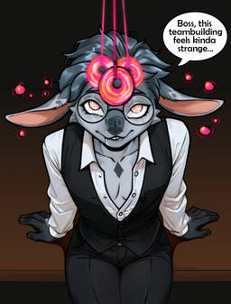 anthro arm_support black_bottomwear black_clothing black_pants black_topwear black_vest bodily_fluids body_fur bottomwear clothed clothing coin collarbone collared_shirt dialogue drooling eyewear fur glasses grey_body grey_fur grey_hair hair high-angle_view hypnosis long_sleeves looking_at_viewer looking_up male mind_control pants partially_clothed pendulum ringed_eyes round_eyewear saliva shirt short_hair simple_background sitting smile solo speech_bubble teeth text topwear unbuttoned_shirt vest white_clothing white_shirt white_topwear hahazzar ourobunny lagomorph leporid mammal rabbit english_text hi_res