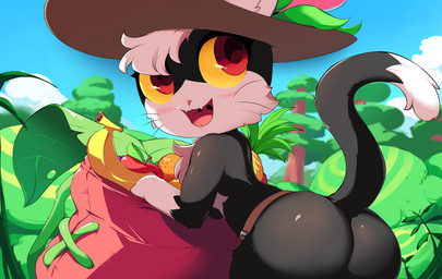 ambiguous_anthro ambiguous_gender anthro apple arms_bent bag banana belt big_butt big_eyes big_pupils black_body black_fur black_tail blue_sky blush brown_belt butt clothed clothed_anthro clothing cloud cute_fangs detailed_background dipstick_tail facial_tuft fangs fluffy fluffy_chest food fruit fur fur_tuft furgonomic_headwear furgonomics glistening glistening_butt glistening_eyes gloves_(marking) hair hat hat_only head_turned headgear headgear_only headwear headwear_only inner_ear_fluff leaf leaning leaning_forward light looking_back markings mostly_nude mostly_nude_ambiguous mostly_nude_anthro multicolored_body multicolored_tail open_mouth open_smile orange_(fruit) outside pineapple pink_nose pink_tongue plant pupils red_eyes sky smile solo standing tail tail_markings teeth tongue tree tuft two_tone_tail uvula whiskers white_body white_fur white_hair white_inner_ear white_inner_ear_fluff white_tail_tip yellow_sclera chobonolly maplestory nexon treecat_(maplestory) domestic_cat felid feline felis mammal 2022 absurd_res cel_shading digital_media_(artwork) hi_res lighting portrait shaded three-quarter_portrait