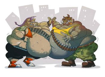 anthro belly belly_inflation belly_to_belly big_belly bloated bodily_fluids cigar clothing duo eyewear gesture glasses grey_body high_five horn huge_belly inflation male male/male morbidly_obese morbidly_obese_male musclegut muscular obese obese_male overweight overweight_male shirt smoking sweat tan_body tank_top topwear vest yellow_sclera daddyzagur teenage_mutant_ninja_turtles bebop rocksteady mammal rhinoceros suid suine sus_(pig) wild_boar