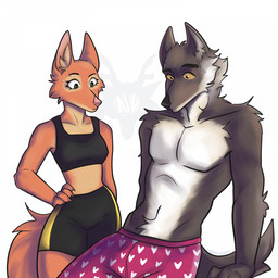 anthro bodily_fluids boyfriend/girlfriend canon_couple clothed clothing duo eyebrow_piercing facial_piercing female fluffy fur grey_body grey_fur heart_symbol looking_at_another male male/female orange_body orange_fur piercing shirtless_anthro shirtless_male sweat sweatdrop underwear underwear_only dvddaiz dreamworks the_bad_guys diane_foxington mr._wolf_(the_bad_guys) canid canine canis fox mammal wolf 1:1 hi_res