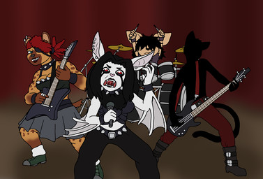angry anthro band bass_drum bass_guitar black_body blurred_background boots clothing collar cymbals dress drum drum_set electric_guitar electronics female footwear group guitar male metal_band microphone muscular muscular_female musical_instrument percussion_instrument plucked_string_instrument red_eyes shoes short_male snare_drum spiked_collar spikes string_instrument tom_drum webbed_arms gnukko dog_(gnukko) shriek_(gnukko) vanta_(gnukko) bat canid canine canis domestic_cat domestic_dog felid feline felis hyena mammal
