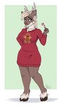 anthro antlers big_breasts blonde_hair breasts brown_eyes candy candy_cane clothed clothing curvy_figure dessert female food fur hair hooves horn smile solo sweater_dress wide_hips fairdahlia aurora_(fairdahlia) deer mammal new_world_deer reindeer 2018 hi_res