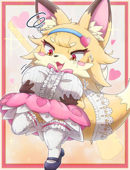 2_tails accessory anthro big_breasts black_nose blonde_hair blush blush_lines blush_stickers bodily_fluids border bow_ribbon breast_grab breasts brown_body brown_fur clothing dipstick_ears dipstick_tail dress dress_shoes ear_markings emanata eyebrows eyelashes fangs female frilly frilly_clothing frilly_legwear frilly_stockings fur furgonomics gloves_(marking) grabbing_own_breast hair hair_accessory hairband hand_on_breast heart_symbol huge_breasts kemono lace legwear looking_down magical_girl_outfit markings multi_tail multicolored_body multicolored_ears multicolored_fur one_leg_up open_mouth orange_eyes pink_clothing pink_dress pink_ribbon raised_leg red_border shortstack shortstack_female simple_background solo sparkles stockings sweat sweatdrop swirl tail tail_accessory tail_markings teeth thick_eyelashes thick_thighs white_body white_eyebrows white_fur yellow_body yellow_fur mizushiro_mt29 mahou_shoujo_full_heart kokon canid canine fox mammal 2025 hi_res portrait