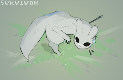 ambiguous_gender black_eyes black_nose ears_back feral gear glistening glistening_body holding_melee_weapon holding_object holding_polearm holding_spear holding_weapon melee_weapon pivoted_ears polearm solo spear surprised text water weapon finpalisade rain_world videocult survivor_(rain_world) slugcat english_text hi_res