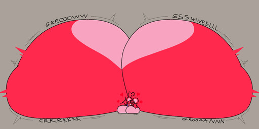 anthro aroused big_breasts big_butt bite biting_lip biting_own_lip black_nose black_sclera black_tail bodily_fluids bow_tie breasts butt butt_expansion butt_squish creaking creaking_butt drooling expansion female front_view grey_background groan groaning_butt hand_on_butt hand_on_own_butt heart_symbol huge_breasts huge_butt hyper hyper_breasts hyper_butt looking_at_viewer looking_pleasured lying motion_lines multicolored_body on_front onomatopoeia pink_body pink_inner_ear purple_bow_tie red_body red_ears saliva self_bite simple_background smile smiling_at_viewer solo sound_effects squish swelling tail teeth text two_tone_body white_eyes cooluthink lovedoll_toy_factory merri_(gremlingrounded) mammal mouse murid murine rodent 2026 colored digital_media_(artwork) flat_colors hi_res